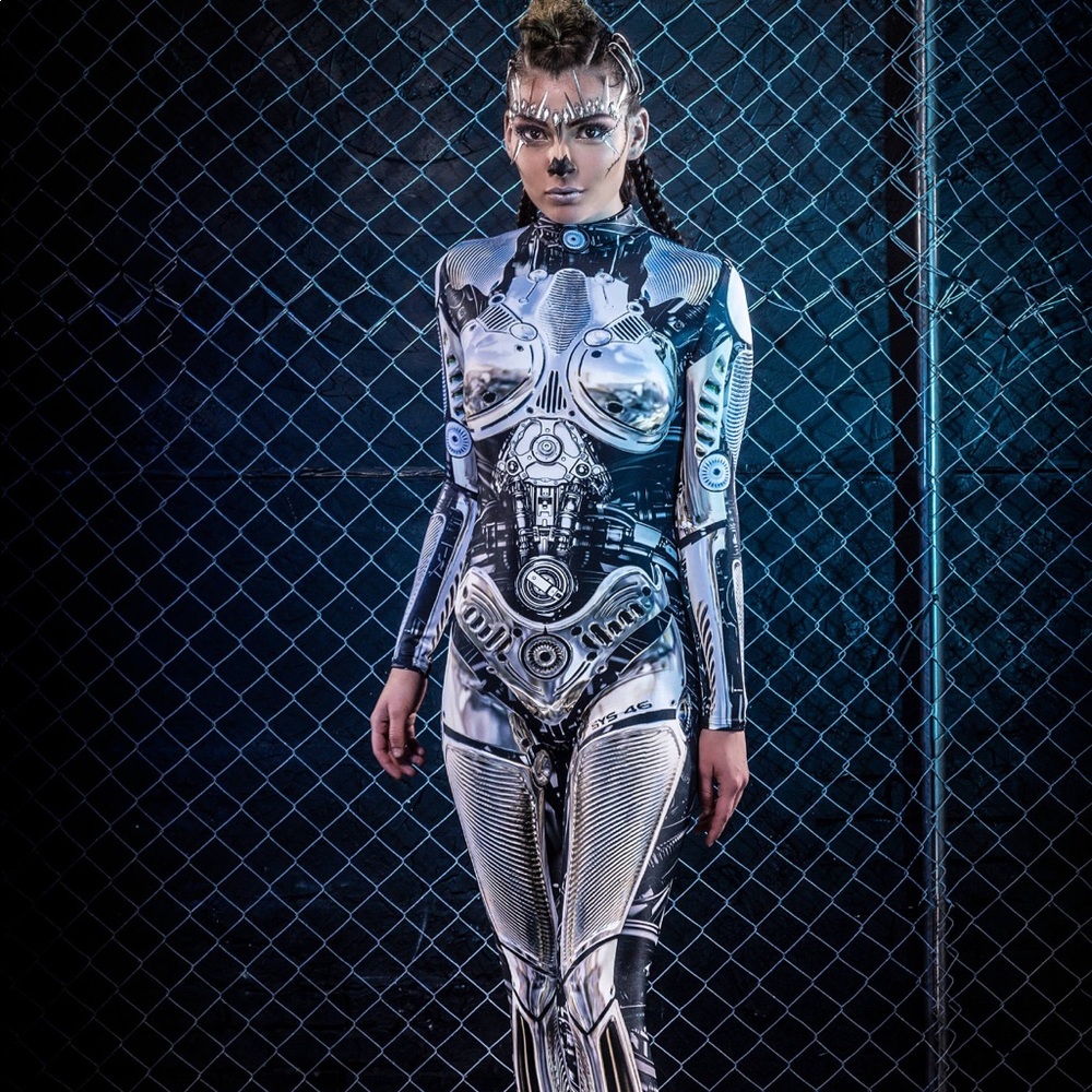 Halloween Cosplay Steampunk Cyborg Robot Costume Silver Blue & Black Size S🤖